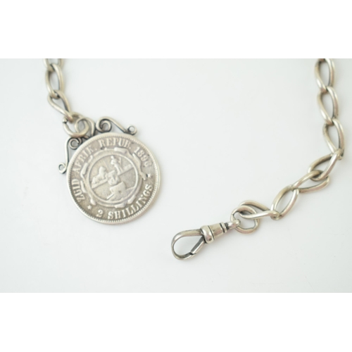 339 - Silver Albert chain with T bar, 'Suid Afrik 1896' mounted coin and Lobster claw clasp. Length 40cm. ... 