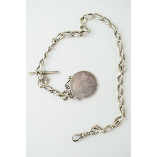 339 - Silver Albert chain with T bar, 'Suid Afrik 1896' mounted coin and Lobster claw clasp. Length 40cm. ... 