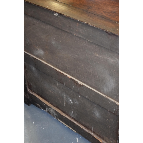 37 - Early c18th Oak Chest of Four Long Drawers with Raised Fielded Panels original Brass Handles & Escut... 