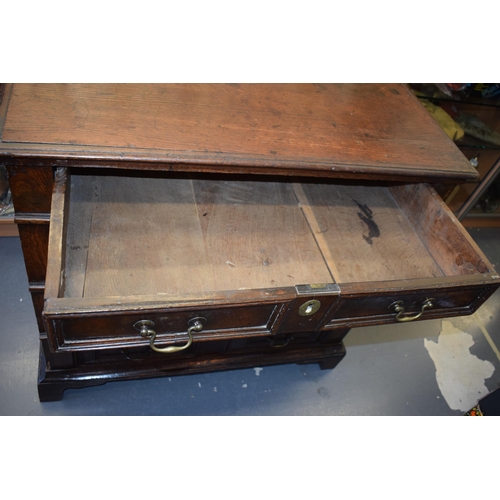 37 - Early c18th Oak Chest of Four Long Drawers with Raised Fielded Panels original Brass Handles & Escut... 