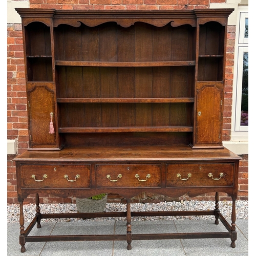 35 - 18th century oak dresser, brass fixtures and fittings, with plate rack, later plank backing, 186cm w... 