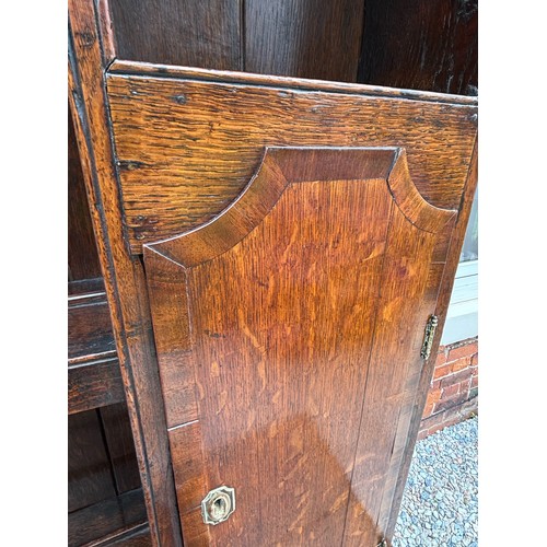 35 - 18th century oak dresser, brass fixtures and fittings, with plate rack, later plank backing, 186cm w... 