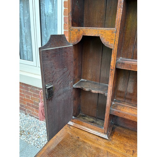 35 - 18th century oak dresser, brass fixtures and fittings, with plate rack, later plank backing, 186cm w... 