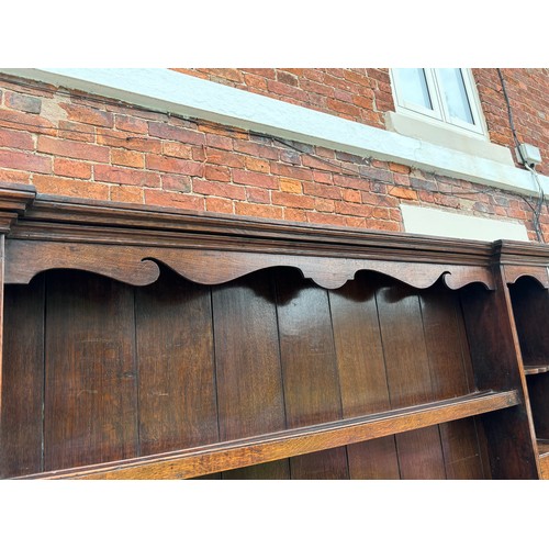 35 - 18th century oak dresser, brass fixtures and fittings, with plate rack, later plank backing, 186cm w... 