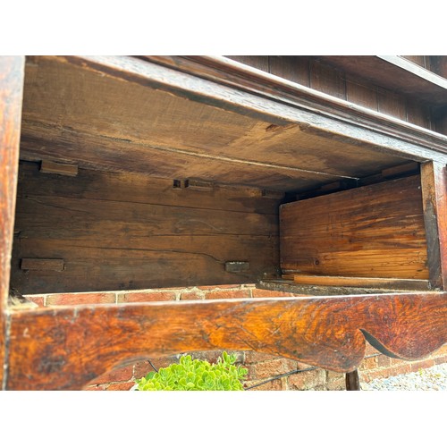 35 - 18th century oak dresser, brass fixtures and fittings, with plate rack, later plank backing, 186cm w... 