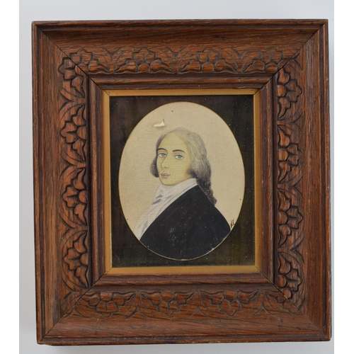 12 - Early 19th century watercolour portrait of a gentleman in wood frame. Initialled to lower right. 7.5... 