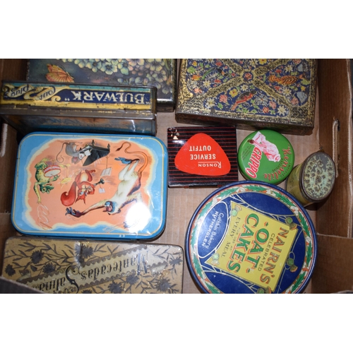 16 - A collection of vintage advertising tins. To include Nairns Oatcakes, Ronson Service Outfit, Mars J.... 