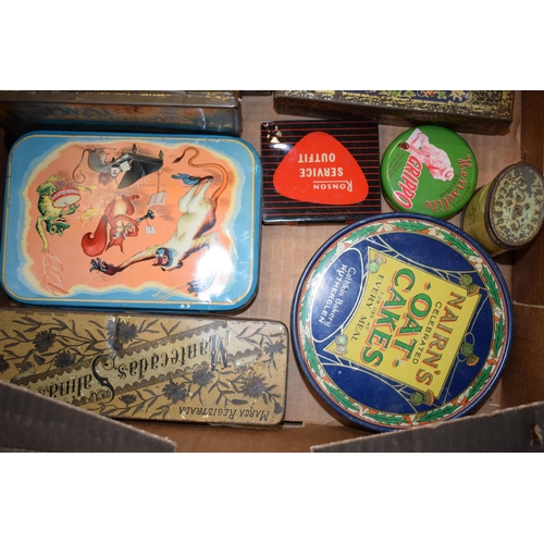 16 - A collection of vintage advertising tins. To include Nairns Oatcakes, Ronson Service Outfit, Mars J.... 