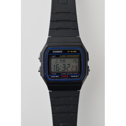 48 - Casio digital wristwatch 'F-91W 'Water Resist'. Original black plastic strap. Case diameter 34mm.