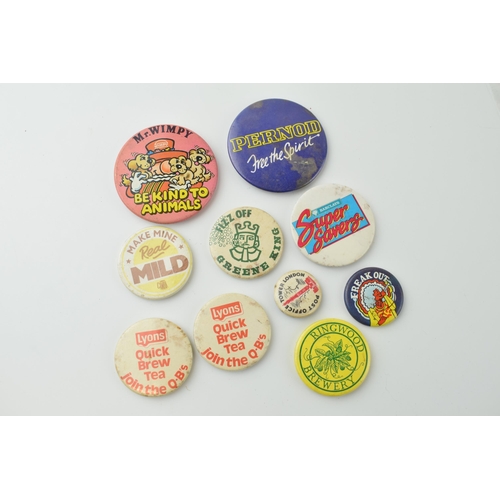 59 - A collection of vintage pin badges to include 'Ringwood Brewery', 'Greene King', 'Mr Wimpy', 'Post O... 