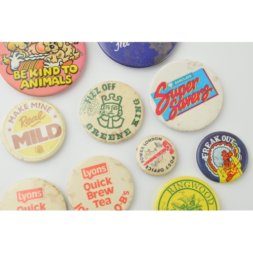 59 - A collection of vintage pin badges to include 'Ringwood Brewery', 'Greene King', 'Mr Wimpy', 'Post O... 