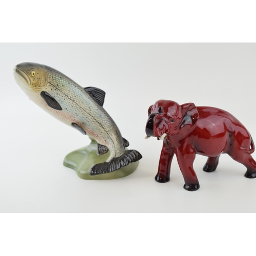 15 - A Beswick Salmon 2066 (one fin af), with a Royal Doulton flambe elephant (trunk af) (2).