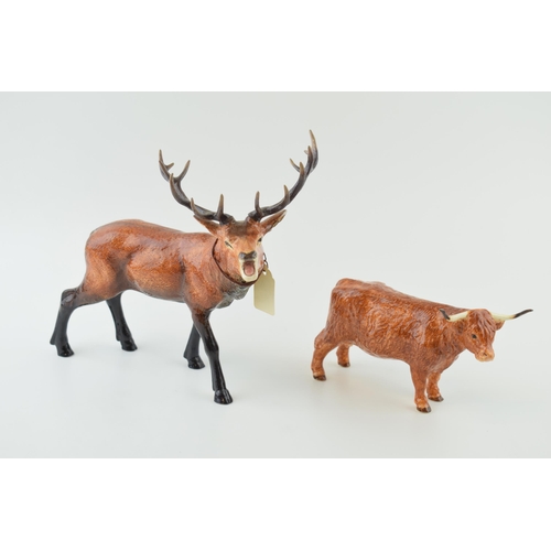 24 - Border Fine Arts pottery to include a Red Stag A5270 with antlers together with a Highland Cow (2).