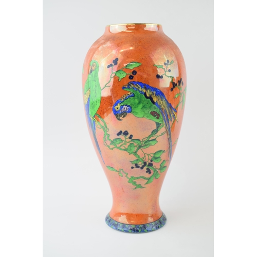 33 - Large W & R Carlton Ware lustre vase with lime green parrot on orange background, 26cm tall.