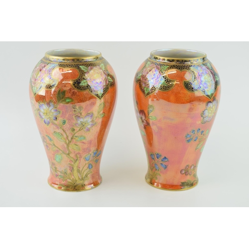 34 - A pair of Newhall Boumier Ware lustre vases, decorated with exotic birds amongst foliage, 20cm tall ... 