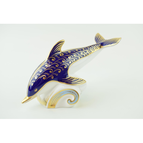 36 - Royal Crown Derby paperweight, Blue Dolphin, 17cm long, red Royal Crown Derby stamp on the base, gol... 