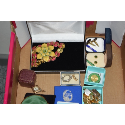 507 - A mixed collection of vintage and modern costume jewellery to include watches, brooches, cufflinks a... 