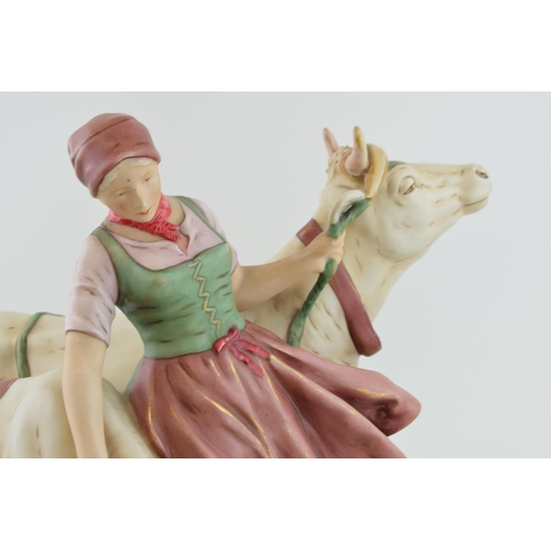 73 - Large Royal Dux figure of a Dutch girl with 2 cows (restored), 45cm long. Height 38cm.