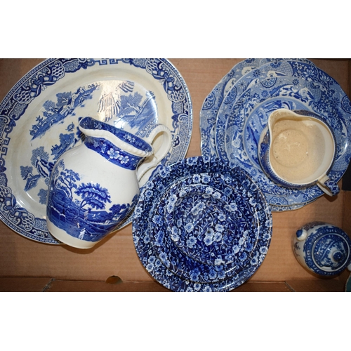 82 - A collection of blue and white wares to include dinner ware by 'Crownford China Co' 'Calico' seven 6... 