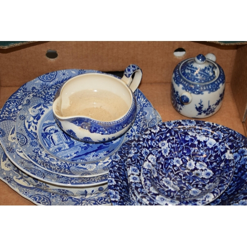 82 - A collection of blue and white wares to include dinner ware by 'Crownford China Co' 'Calico' seven 6... 