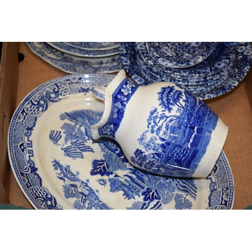 82 - A collection of blue and white wares to include dinner ware by 'Crownford China Co' 'Calico' seven 6... 