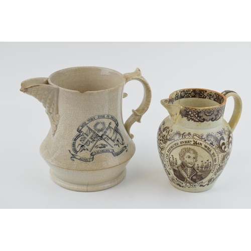 96 - An early 19th century jug with Admiral Nelson / the Battle of Trafalgar, with an antique jug commemo... 