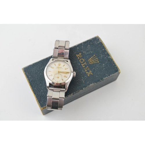 'Rolex Oyster Royal' vintage wristwatch. Stainless steel case 32mm on Rolex stainless steel oyster bracelet off white dial signed, having gilt arrow markers with logo at 12 . Subsidiary dial with second hand. Signed crown. Original box.