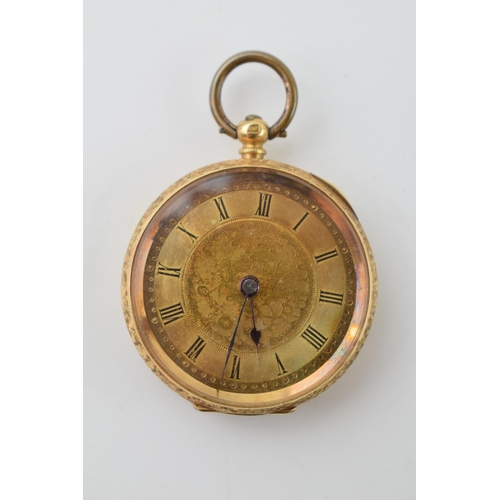 18ct yellow gold ladies fob pocket watch. Gross weight 27.9 grams.