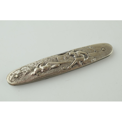 482 - Vintage white metal pen knife with semi-erotic maiden, Art Nouveau style.