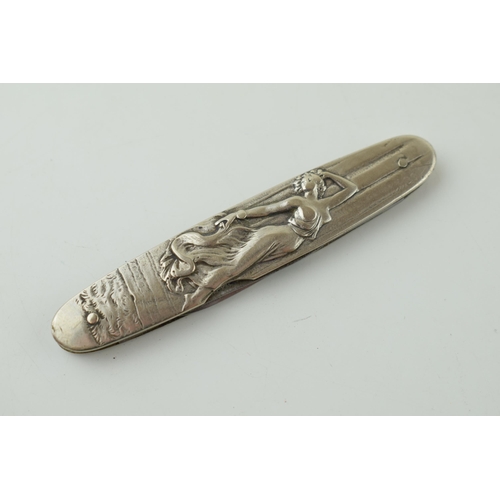 482 - Vintage white metal pen knife with semi-erotic maiden, Art Nouveau style.