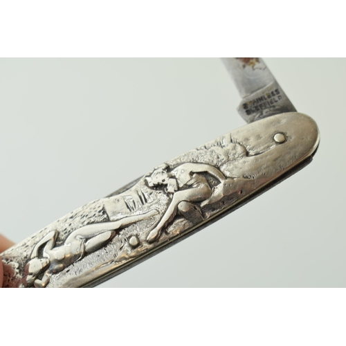 482 - Vintage white metal pen knife with semi-erotic maiden, Art Nouveau style.