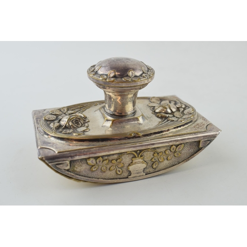 484 - Silver plated Art Nouveau ink bottler, repousse decoration, 12cm wide.