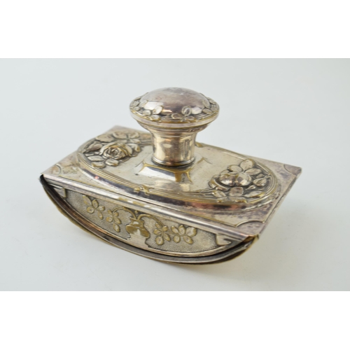 484 - Silver plated Art Nouveau ink bottler, repousse decoration, 12cm wide.