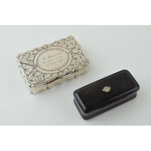 498 - Two snuff boxes, one being silver plated and inscribed '1876' with the other being horn with silver ... 