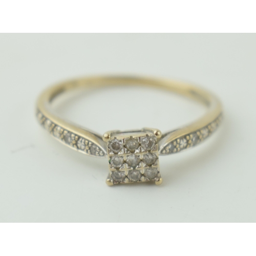 535 - 9ct white gold ring, set diamonds, square head, diamond set shoulders, 2.0g, size P.