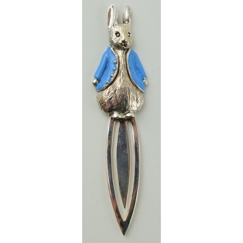 539 - Sterling silver bookmark in the form of Peter Rabbit, blue jacket, 7.5cm tall.