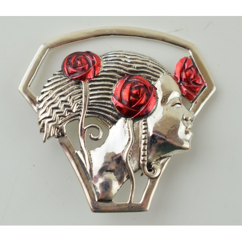 541 - Contemporary sterling silver brooch, Art Nouveau, with red roses, 42mm wide.