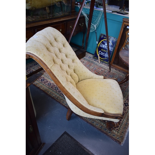 248 - Edwardian upholstered mahogany nursing chair, button back, scrolled front legs, 86cm tall.