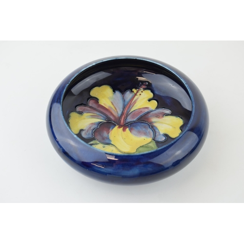 205 - Moorcroft shallow bowl in the Clematis pattern, on blue, 15.5cm wide.