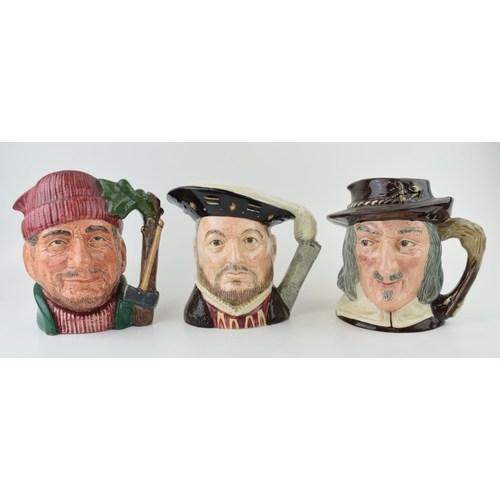 217 - A trio of large Royal Doulton character jugs to include the Lumberjack Izaak Walton and Henry VIII (... 