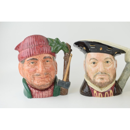 217 - A trio of large Royal Doulton character jugs to include the Lumberjack Izaak Walton and Henry VIII (... 