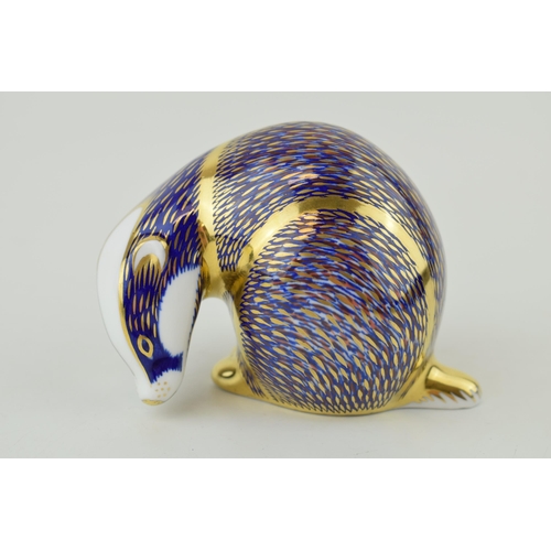 233 - Royal Crown Derby paperweight, Badger, 12cm, date mark for 1986 (XLIX), gold stopper, red Royal Crow... 