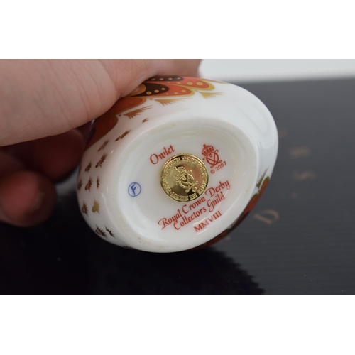 241 - Royal Crown Derby Paperweight, Owlet, an exclusive for the Royal Crown Derby Collectors Guild, gold ... 