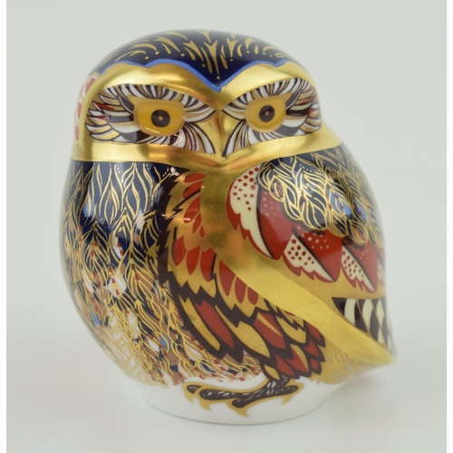 242 - Royal Crown Derby paperweight, Little Owl with lavish decoration in blue, red and gold feathers, hig... 