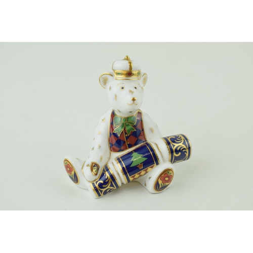 250 - Royal Crown Derby miniature bear paperweight, Christmas Cracker, (9cm), red Royal Crown Derby stamp ... 