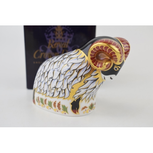 Royal Crown Derby paperweight, Derby Ram, 7cm high, exclusively available from The Royal Crown Derby Visitors Centre, gold stopper, red printed marks and stamp to the base, boxed.