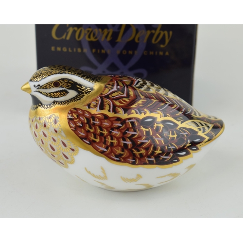 280 - Royal Crown Derby paperweight, Dappled Quail, gold stopper and red printed marks, boxed.