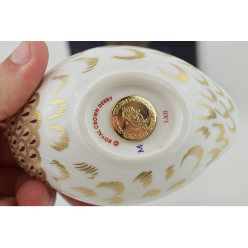 280 - Royal Crown Derby paperweight, Dappled Quail, gold stopper and red printed marks, boxed.