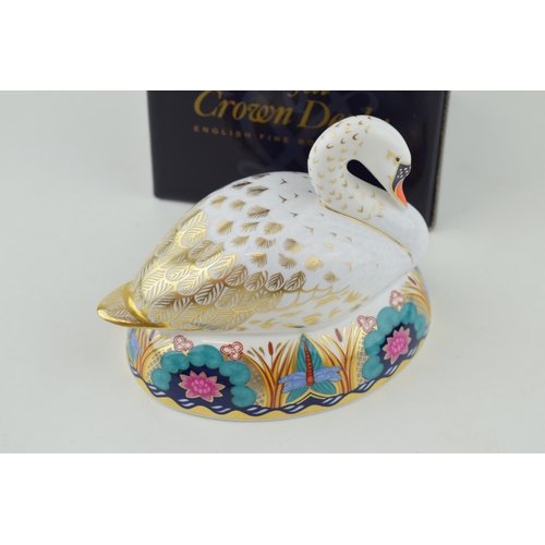 284 - Royal Crown Derby Paperweight, White Swan nesting, gold stopper and red Royal Crown Derby stamp on t... 