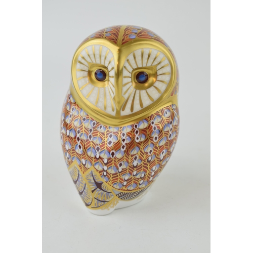 291 - Royal Crown Derby paperweight, Barn Owl, 11cm high, designed by John Ablitt, gold stopper and red Ro... 